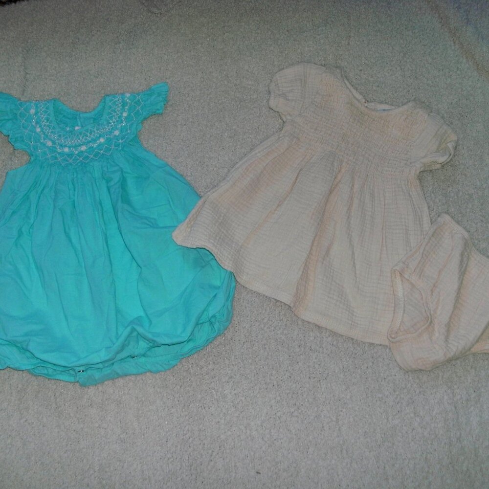 TWO Smocked Outfits Cream Dress with Matching Bloomers & Blue Bubble Romper 12M